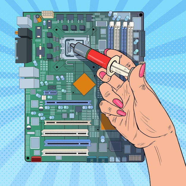 Pop art female hand of computer engineer repairing cpu on motherboard. maintenance pc hardware upgrade. Premium Vector