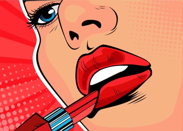 Premium Vector Pop Art Girl Paints Her Lips With Red