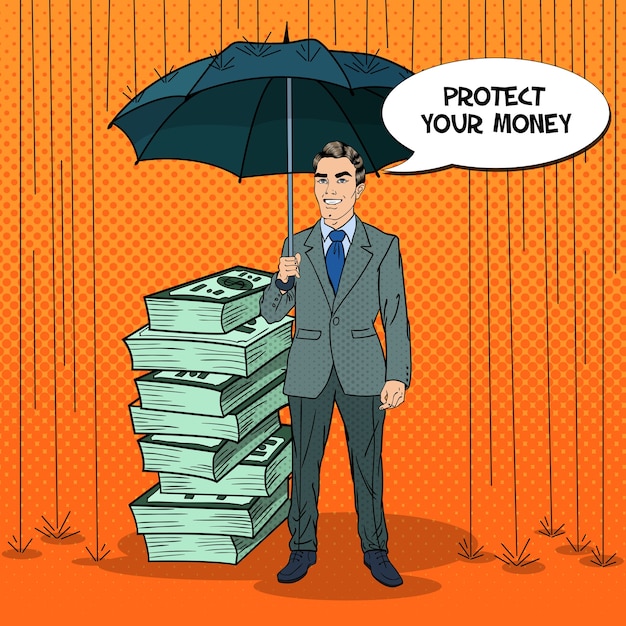 傘で雨からお金を守るポップアート幸せなビジネスマン コミックの吹き出し レトロなイラスト プレミアムベクター