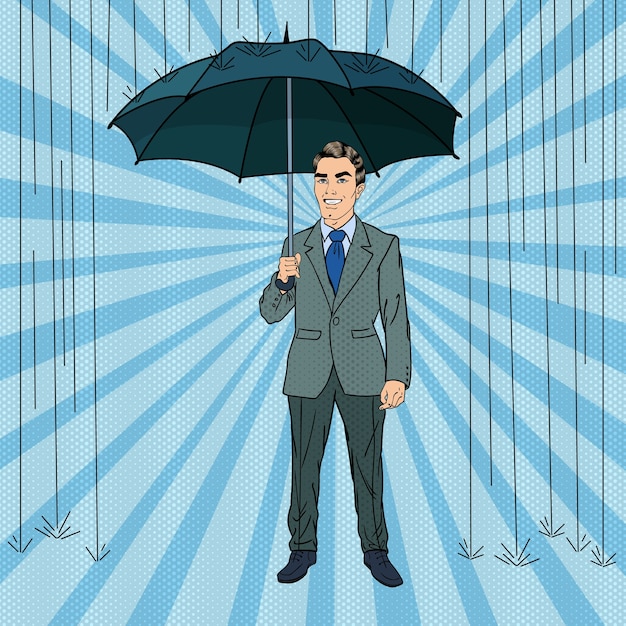傘と雨の下でポップアート幸せなビジネスマン レトロなイラスト プレミアムベクター