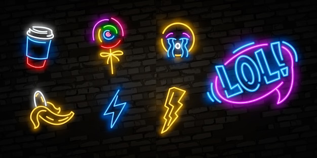Pop art icons set. pop art neon sign. bright signboard, light banner. Premium Vector