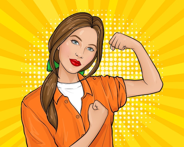 Pop art illustration of an confident woman demonstrating her strength by roll up her sleeve. Free Vector