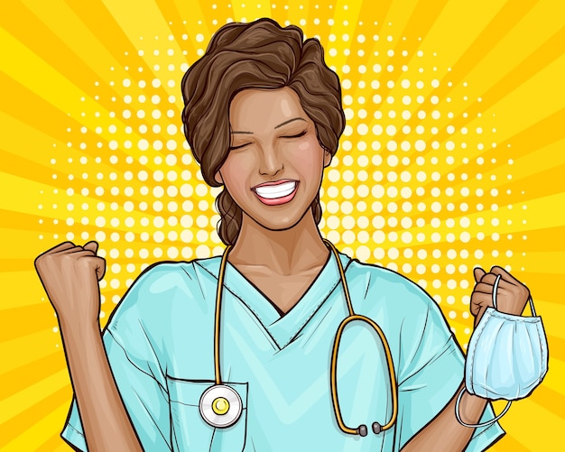 Free Vector Pop Art Illustration Of The Doctor Is Happy Virus Defeated Young African American Woman Took Off A Medical Mask End Of Epidemic The Invention Of Medicine Vaccines Cure Of