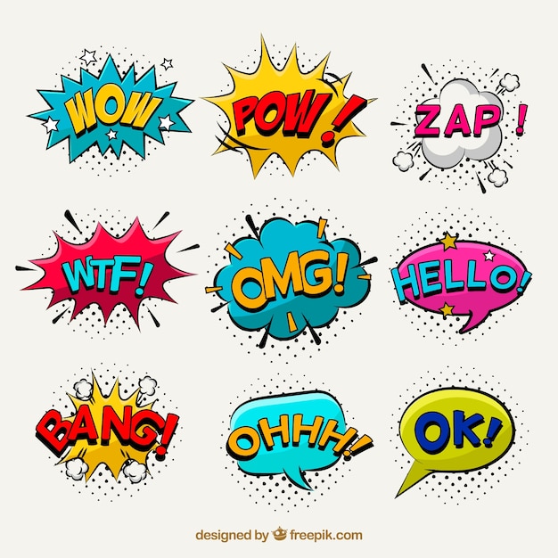 Download Pop art pack of comic stickers Vector | Free Download