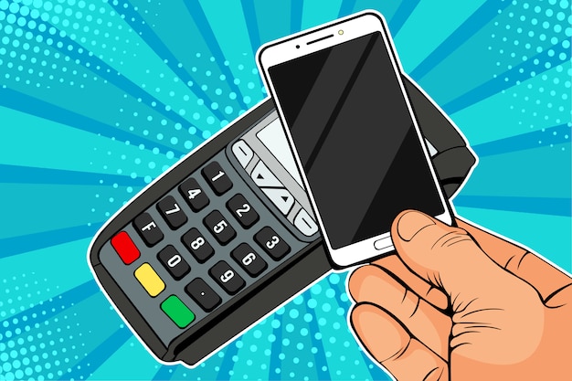 Pop art pos terminal, payment machine with mobile phone Premium Vector
