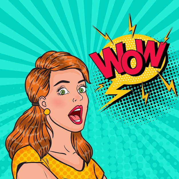 Premium Vector Pop Art Surprised Girl With Open Mouth Shocked Woman With Comic Speech Bubble 0569
