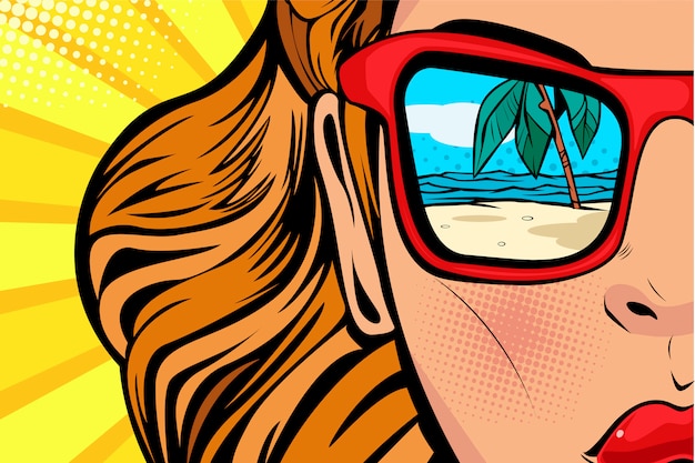 Pop art woman with beach and sea reflection in summer. | Premium ...