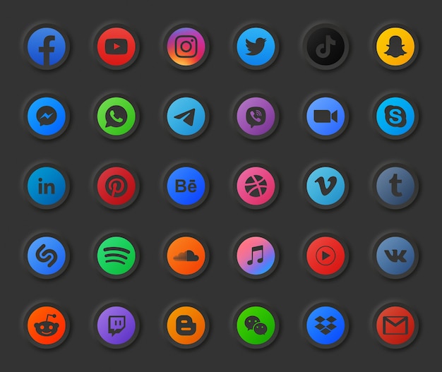 Popular social media dark mode modern round 3d icons set. video, photo, music, audio, podcast, onlin
