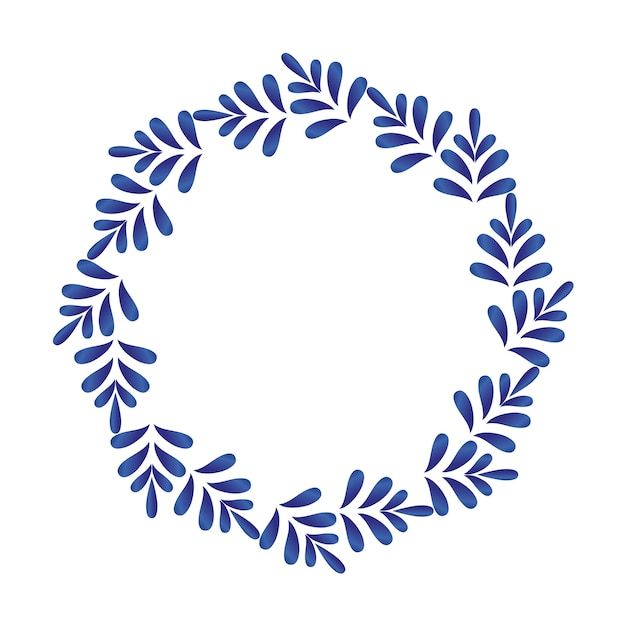 磁器の装飾的な丸いフレーム セラミック葉円形ベクトル 青と白の境界線 プレミアムベクター