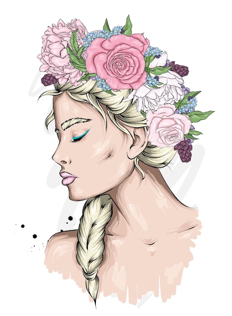 Portrait of a beautiful girl in a floral wreath Premium Vector