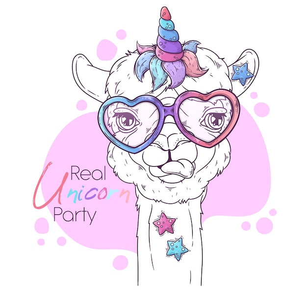 Premium Vector Portrait Of Cute Alpaca With Unicorn Horn