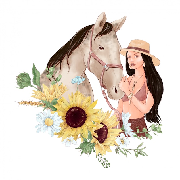 Download Premium Vector | Portrait of a horse and a girl in digital ...