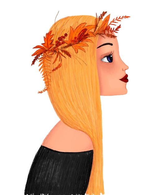彼女の頭に花輪を捧げると黄色い髪の少女漫画の肖像画 プレミアムベクター