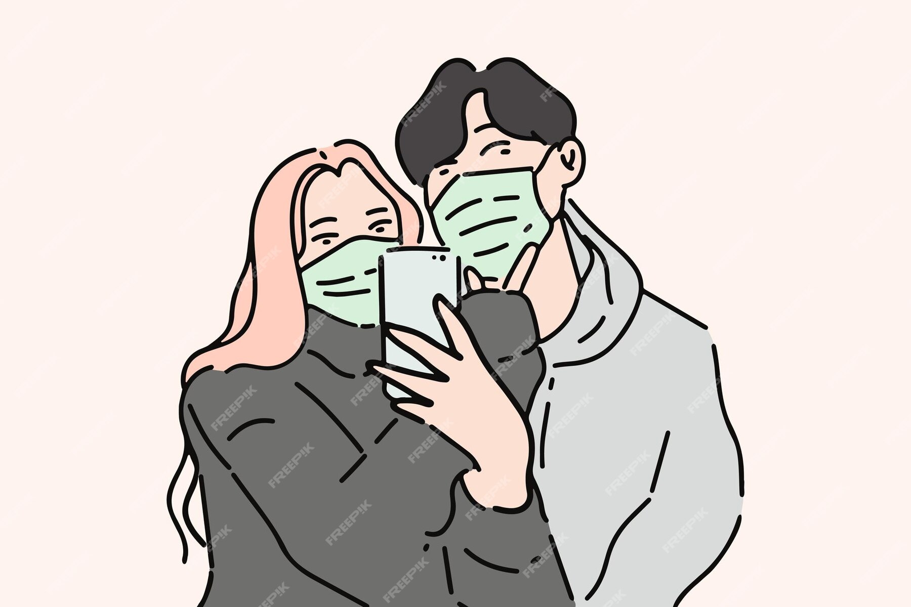 premium-vector-portrait-of-two-young-people-wear-a-mask-and-take-a