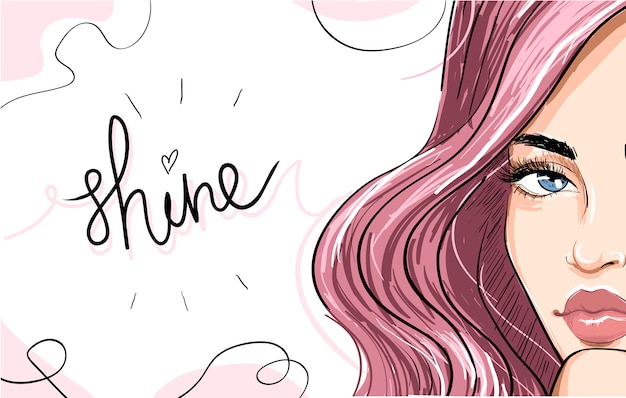 Portrait of woman with pink hair and shine lettering Premium Vector