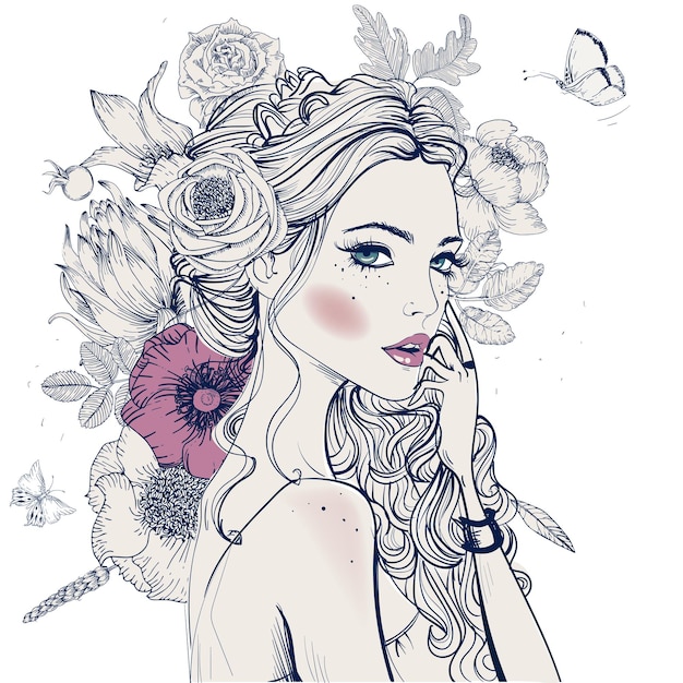 Portrait of young beautiful woman wirh flowers Premium Vector