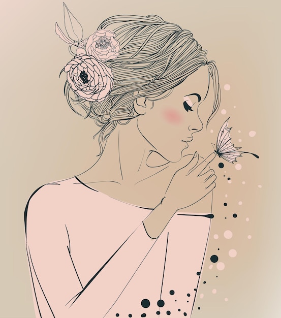 Portrait of young beautiful woman with flowers Premium Vector