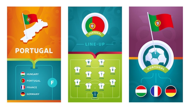 Premium Vector Portugal Team European Football Vertical Banner Set For Social Media Portugal Group Banner With Isometric Map Pin Flag Match Schedule And Line Up On Soccer Field