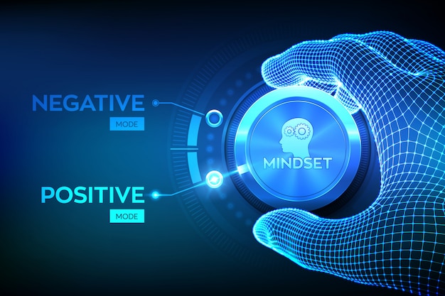 Positive or negative thinking. feel happy or unhappy. good or bad attitude. wireframe hand turning a