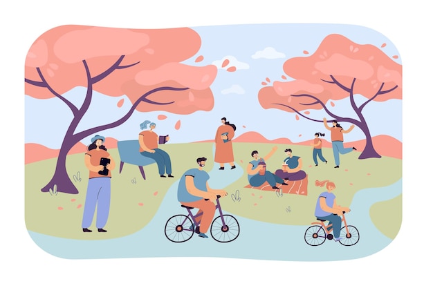 Free Vector | Positive people sitting in city park with cherry trees ...