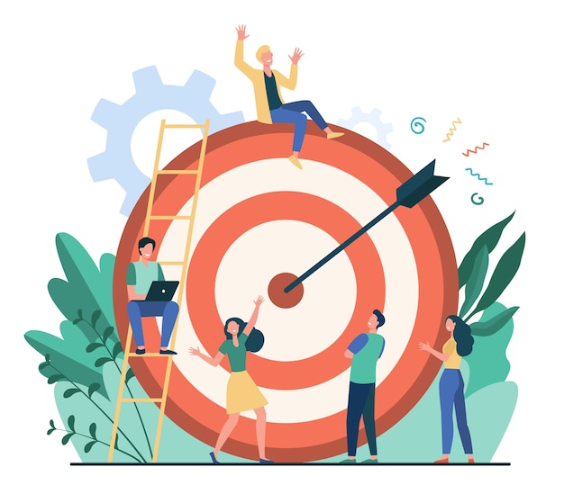 Positive tiny people sitting and walking near huge target with arrow isolated flat vector illustration. cartoon business team achieving goal or aim. marketing strategy and achievement concept Free Vector