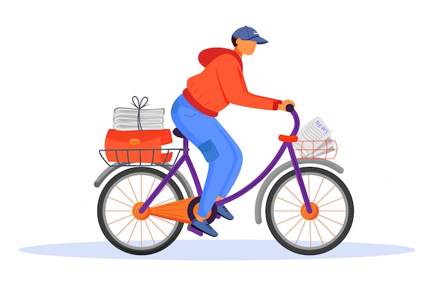 郵便局の男性労働者フラットカラーベクトルイラスト 若い男はニュースを配信します 郵便配達 毎日の新聞キャリア 分離された自転車の漫画のキャラクターのペーパーボーイ プレミアムベクター