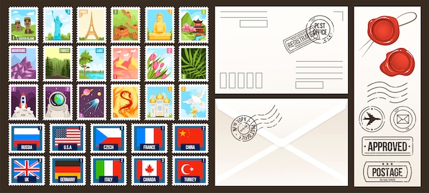 郵便切手イラスト 切手の漫画郵便コレクション 世界の国 ヴィンテージ旅行や自然のラベル プレミアムベクター