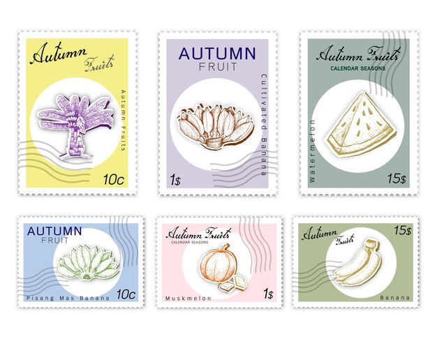 Download Post stamps set of autumn fruits with paper cut art ...