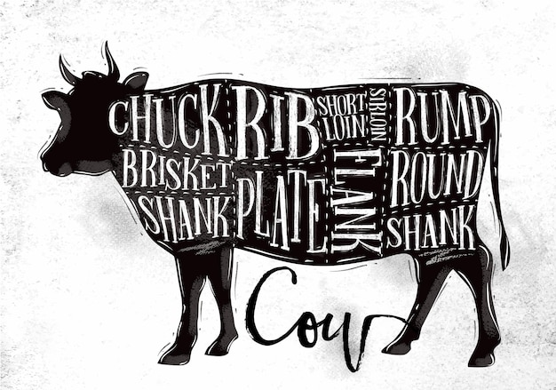 Premium Vector | Poster beef cutting scheme chuck shank rib plate ...