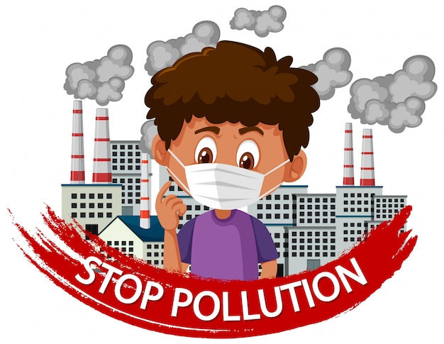 Premium Vector | Poster design for stop pollution with boy wearing mask