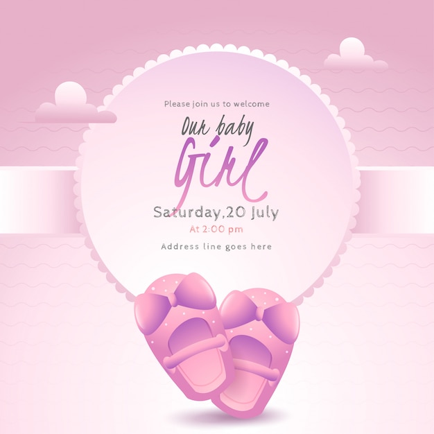 Poster or invitation card design with baby shoes and event detai Premium Vector