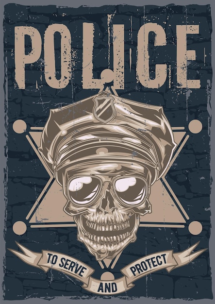 警察の帽子とサングラスの頭蓋骨のイラストとポスターラベルのデザイン 無料のベクター