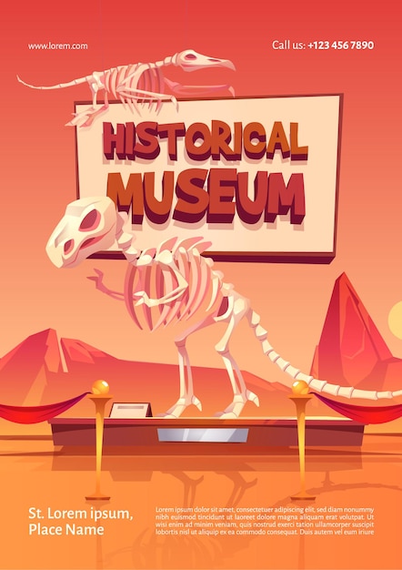 恐竜の骨格を持つ歴史博物館のポスター 無料のベクター