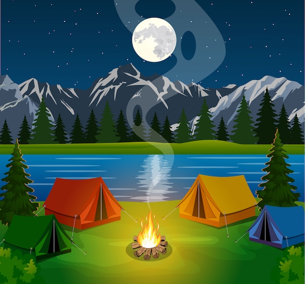Premium Vector | Poster showing campsite with a campfire
