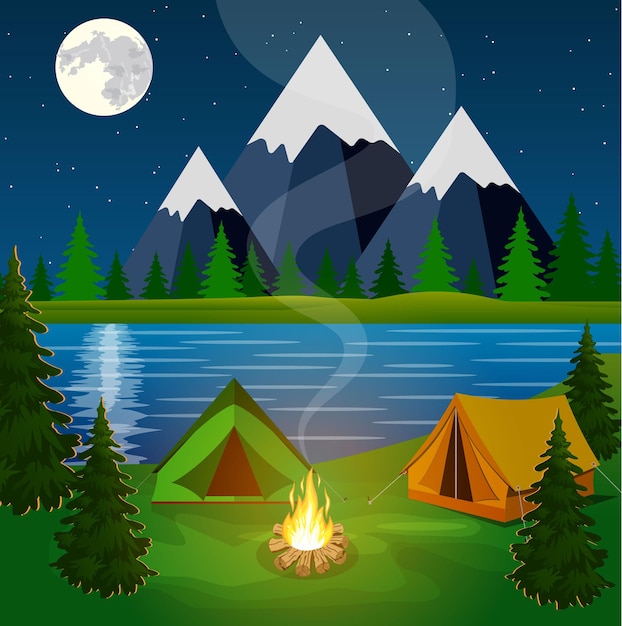 Premium Vector | Poster showing campsite with a campfire