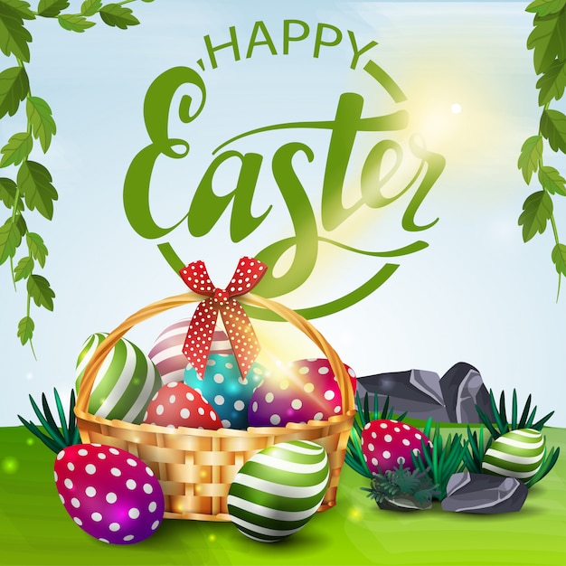 poster-with-wishes-of-happy-easter-with-basket-with-easter-eggs-vector