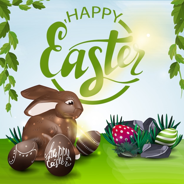 Poster With Wishes Of Happy Easter With Chocolate Easter Bunny