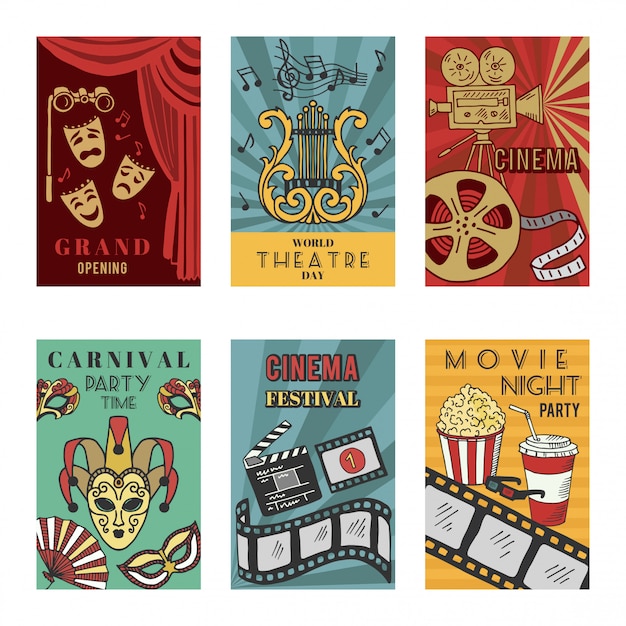 Download Posters design set with theatre and cinema symbols. vector illustrations isolate | Premium Vector