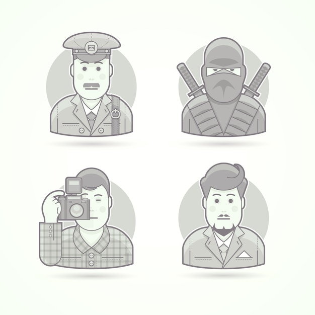 郵便屋さん 忍者の戦士 写真家 ビジネスの男性のアイコン キャラクターポートレートイラストのセットです 黒と白のアウトラインスタイル プレミアムベクター