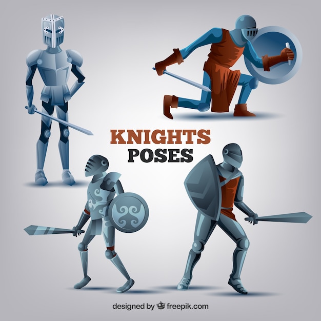 Postures of knights with shields and swords