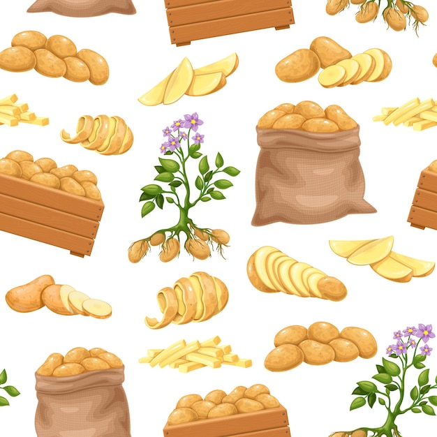 ジャガイモ製品のシームレスなパターン ベクトルイラスト 黄麻布の袋の全根のジャガイモ 漫画の現実的なスタイルの塊茎の背景 収穫野菜のベクトルイラスト プレミアムベクター