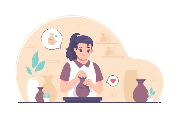 ろくろイラストで土鍋を作る陶芸家の女の子 プレミアムベクター
