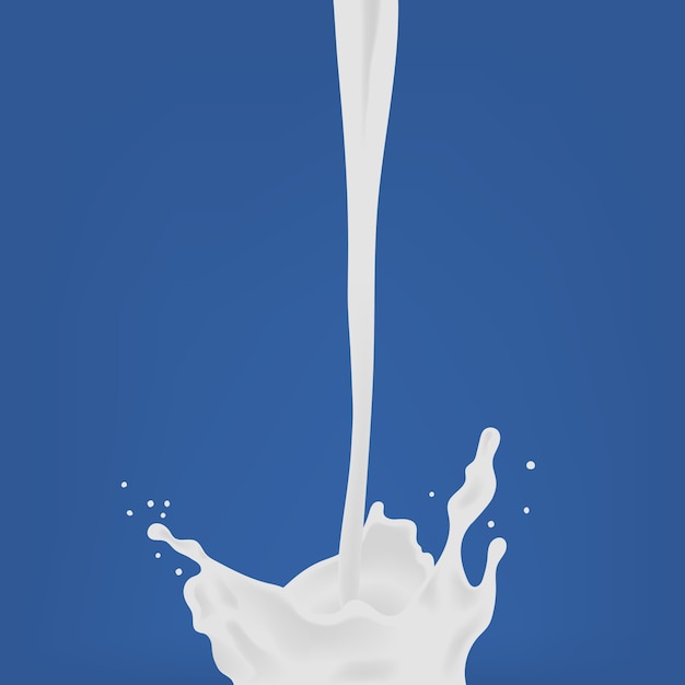 牛乳を注ぐ スプラッシュとミルクドロップ 青色の背景にカラフルなリアルなイラスト プレミアムベクター