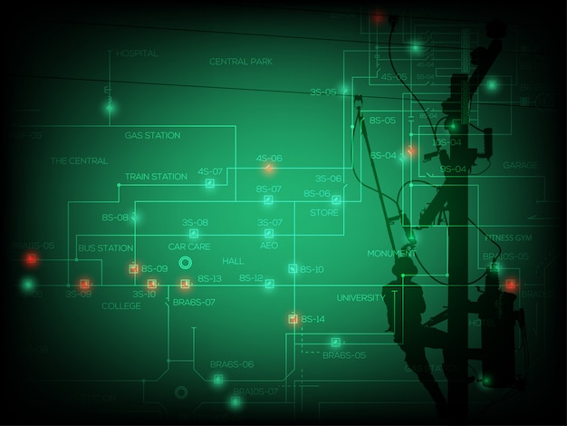 Premium Vector Power Outage Concept Single Line Diagram Of Distribution System With Green And Red Spot Light