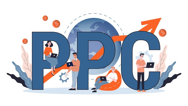 Ppc pay per click advertising in the internet. marketing strategy for business promotion. pay for banner on the web page. illustration in cartoon style Premium Vector