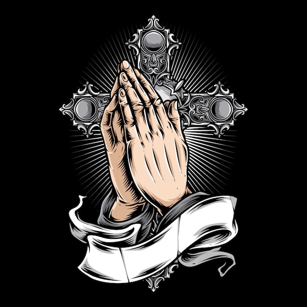 祈る手とロゴ プレミアムベクター