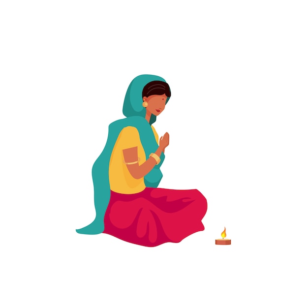 祈るインドの女の子フラットカラーの顔のない文字 プレミアムベクター