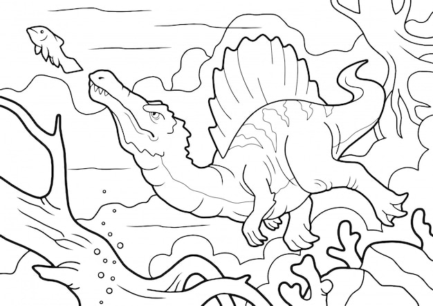 略奪恐竜スピノサウルス 水中狩猟 塗り絵 面白いイラスト プレミアムベクター