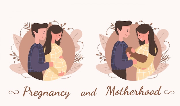 妊娠と母性 赤ん坊を待っている幸せな家族 彼女の夫と子供とかわいい妊娠中の女性 スタイルのモダンなイラスト プレミアムベクター