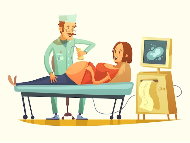 Download Pregnancy ultrasound screening retro cartoon illustration ...